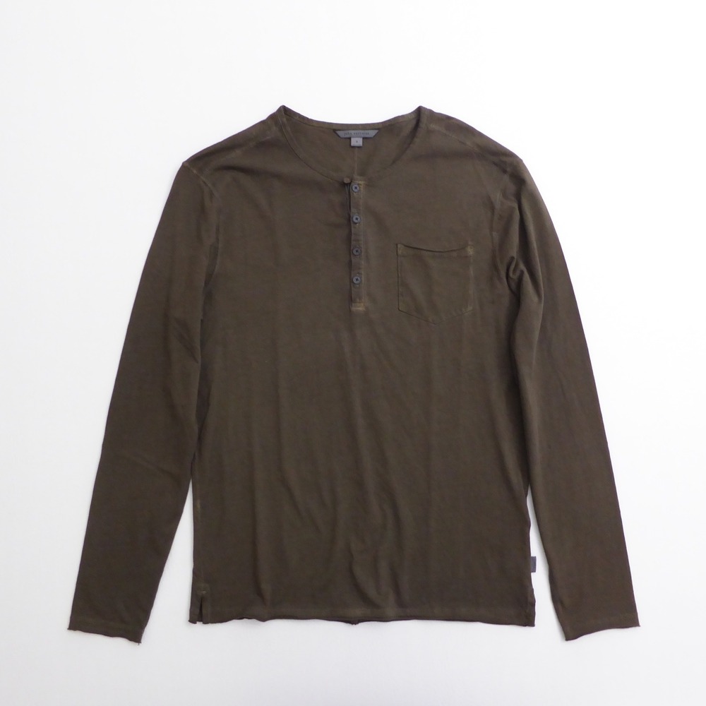 John Varvatos Mens Baylor Henley Shirt Olive Green Organic Cotton Long Sleeve S